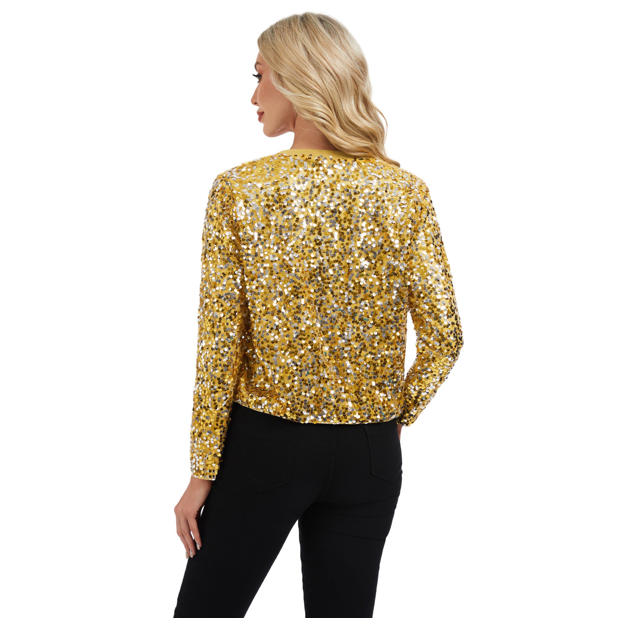 Anna-Kaci Women's Sequin Bomber Jacket with Zipper Front and Ribbed Trim