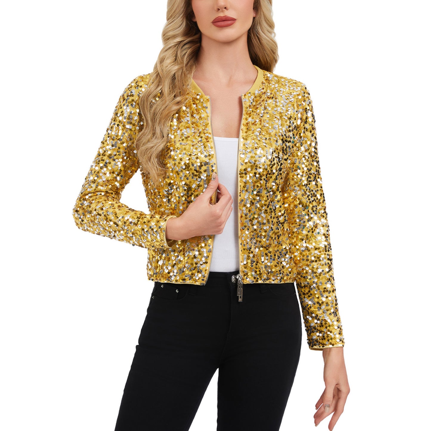 Anna-Kaci Women's Sequin Bomber Jacket with Zipper Front and Ribbed Trim
