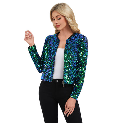 Anna-Kaci Women's Sequin Bomber Jacket with Zipper Front and Ribbed Trim