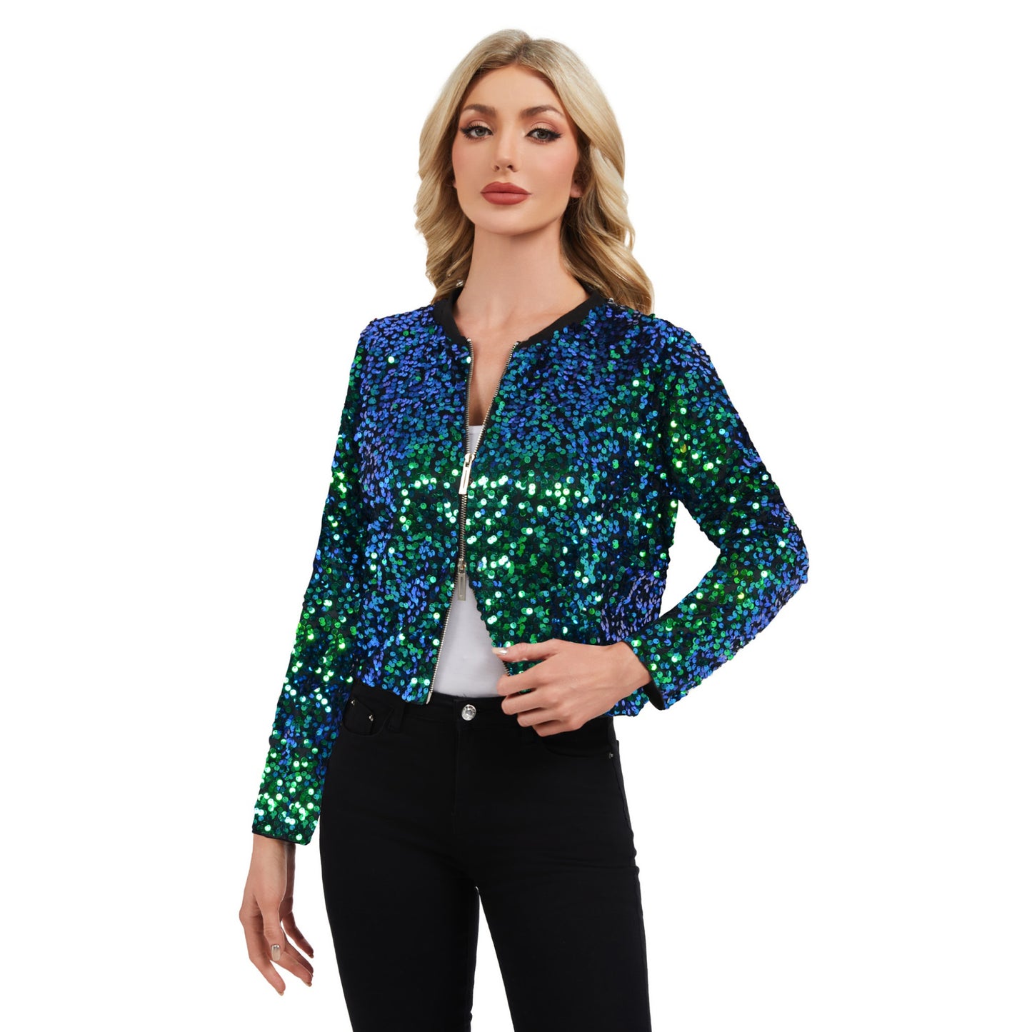 Anna-Kaci Women's Sequin Bomber Jacket with Zipper Front and Ribbed Trim