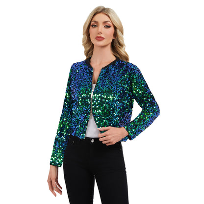 Anna-Kaci Women's Sequin Bomber Jacket with Zipper Front and Ribbed Trim