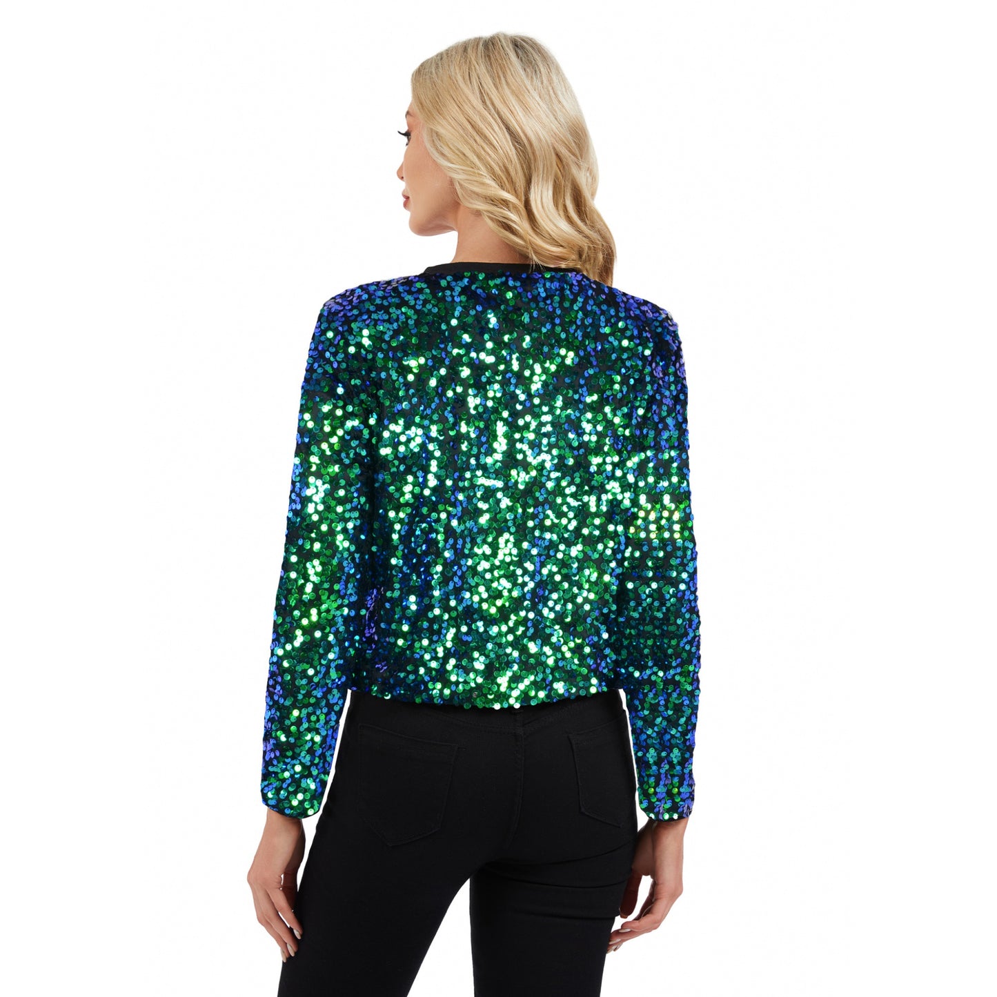 Anna-Kaci Women's Sequin Bomber Jacket with Zipper Front and Ribbed Trim