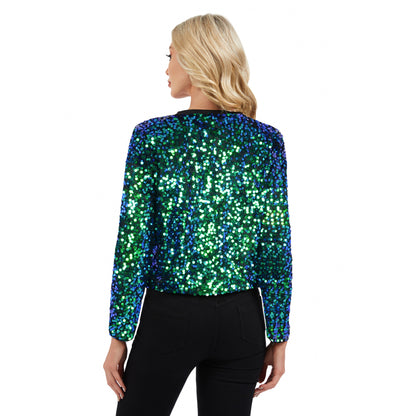 Anna-Kaci Women's Sequin Bomber Jacket with Zipper Front and Ribbed Trim