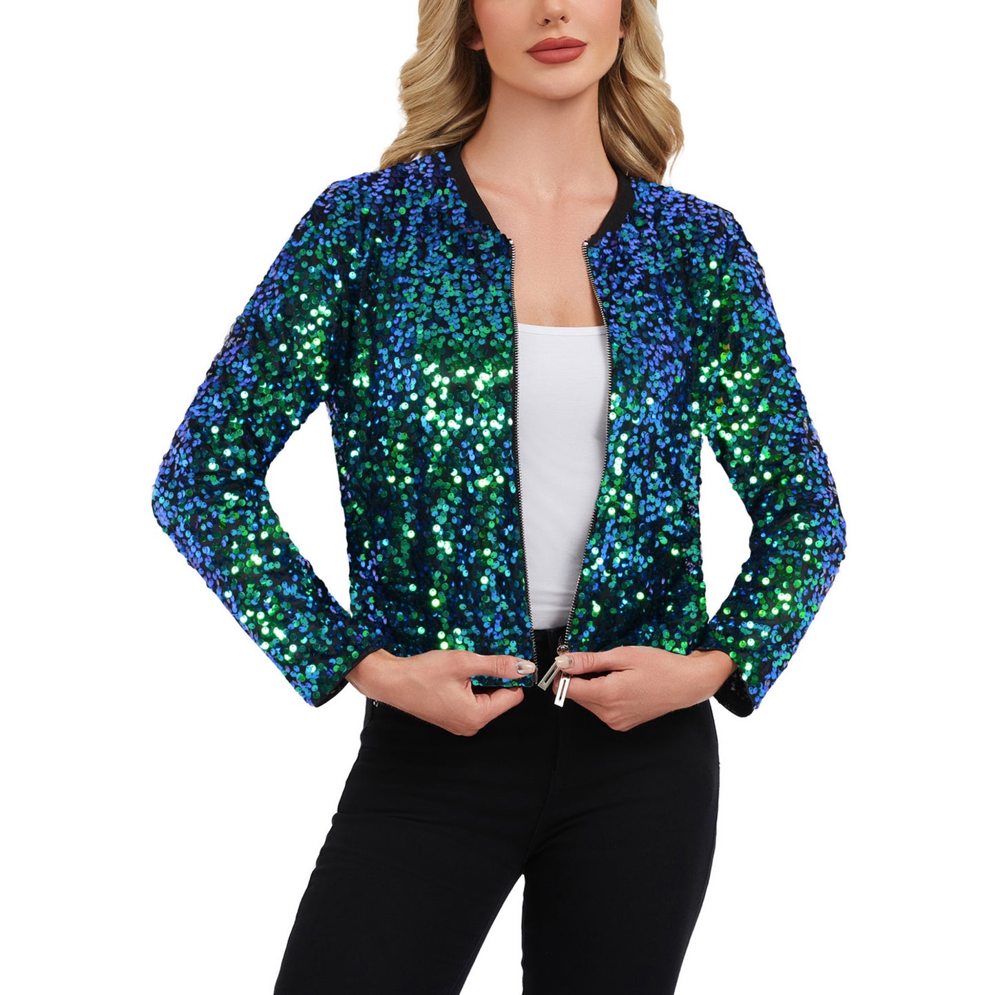 Anna-Kaci Women's Sequin Bomber Jacket with Zipper Front and Ribbed Trim