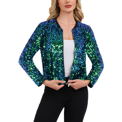 Anna-Kaci Women's Sequin Bomber Jacket with Zipper Front and Ribbed Trim