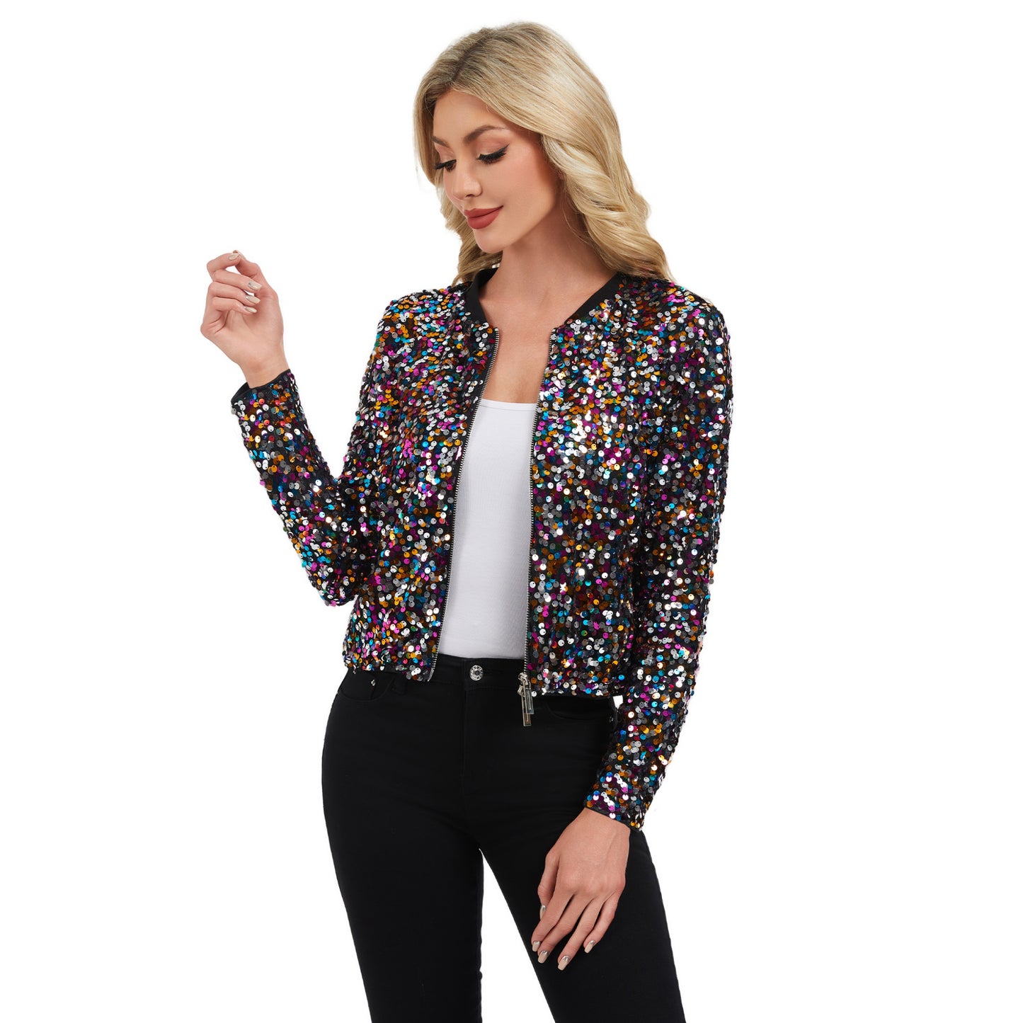 Anna-Kaci Women's Sequin Bomber Jacket with Zipper Front and Ribbed Trim