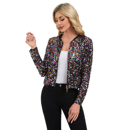 Anna-Kaci Women's Sequin Bomber Jacket with Zipper Front and Ribbed Trim