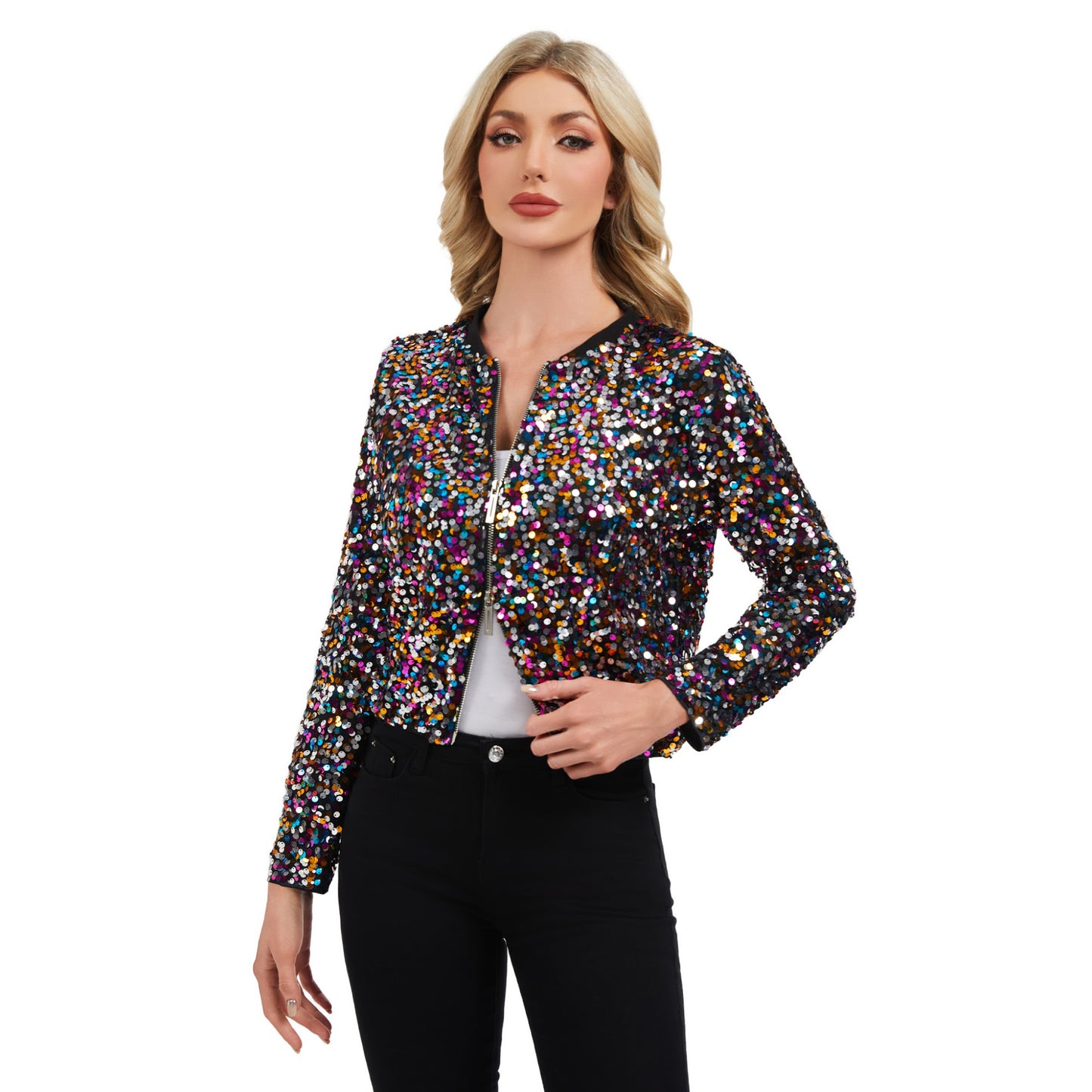 Anna-Kaci Women's Sequin Bomber Jacket with Zipper Front and Ribbed Trim