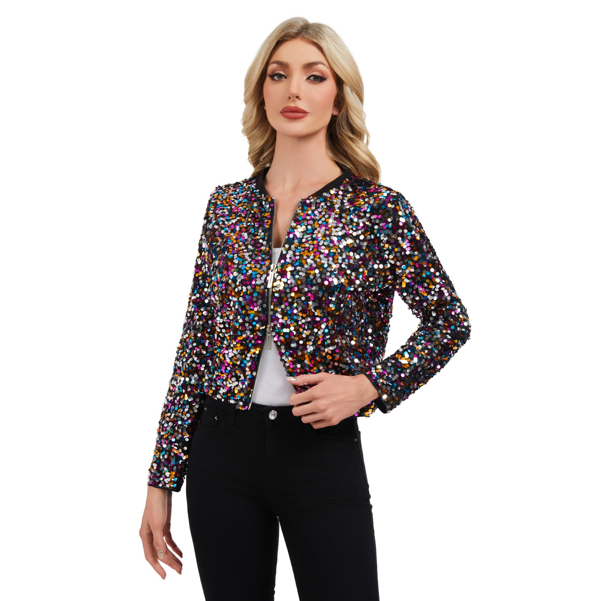 Anna-Kaci Women's Sequin Bomber Jacket with Zipper Front and Ribbed Trim