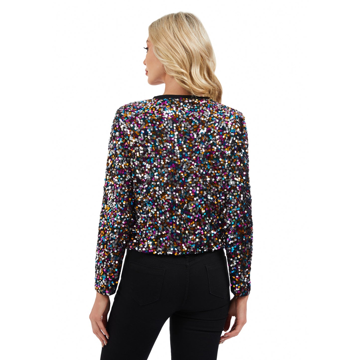 Anna-Kaci Women's Sequin Bomber Jacket with Zipper Front and Ribbed Trim