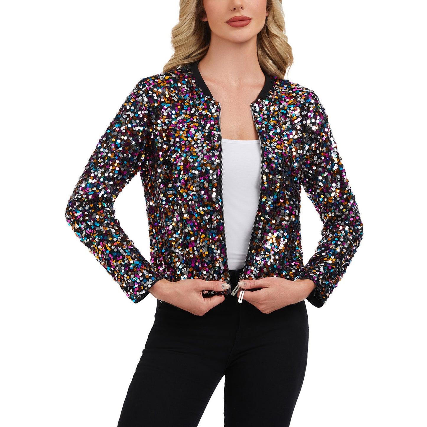 Anna-Kaci Women's Sequin Bomber Jacket with Zipper Front and Ribbed Trim