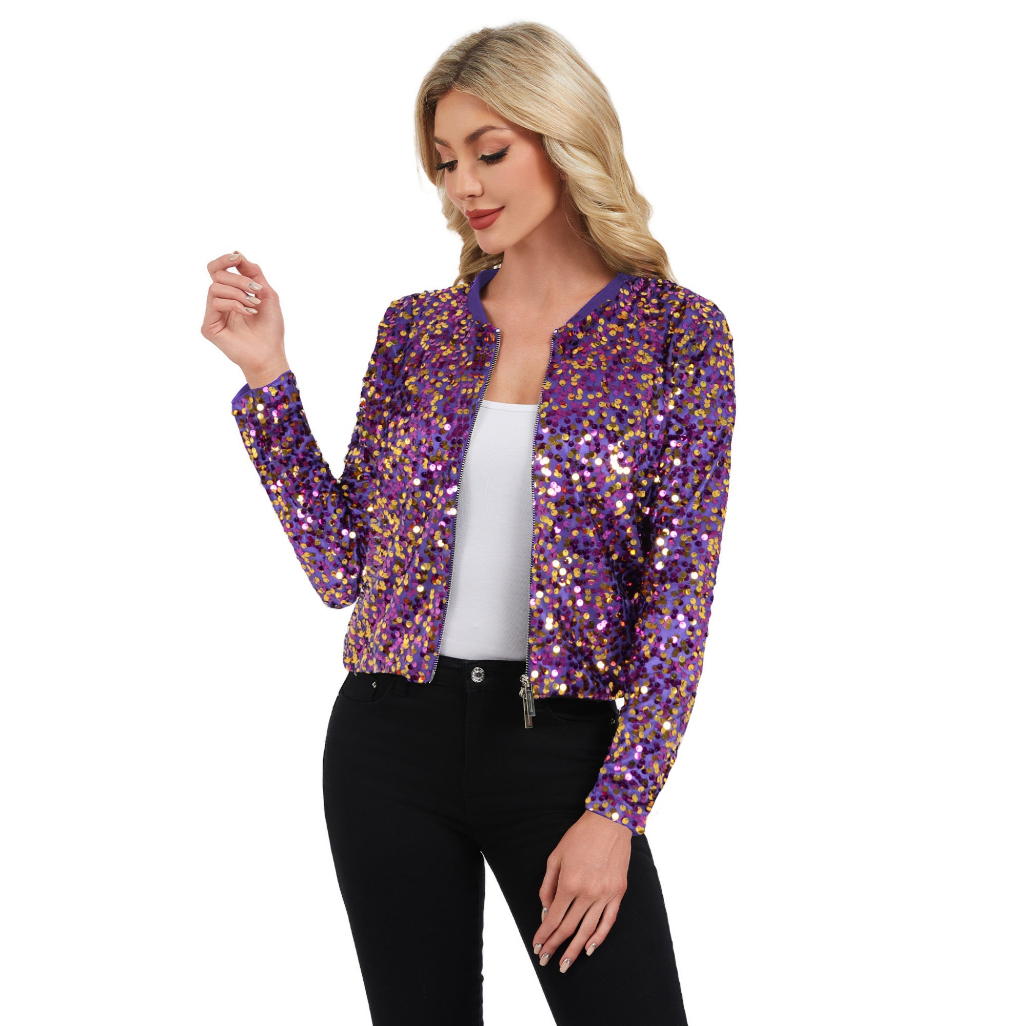 Anna-Kaci Women's Sequin Bomber Jacket with Zipper Front and Ribbed Trim