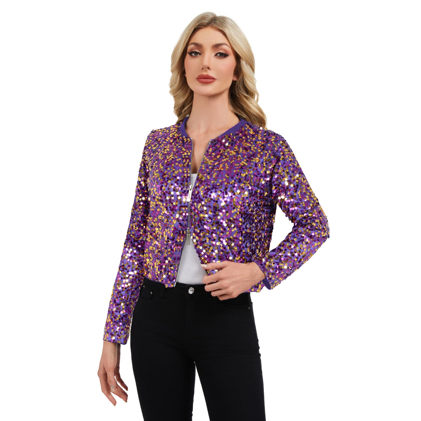 Anna-Kaci Women's Sequin Bomber Jacket with Zipper Front and Ribbed Trim