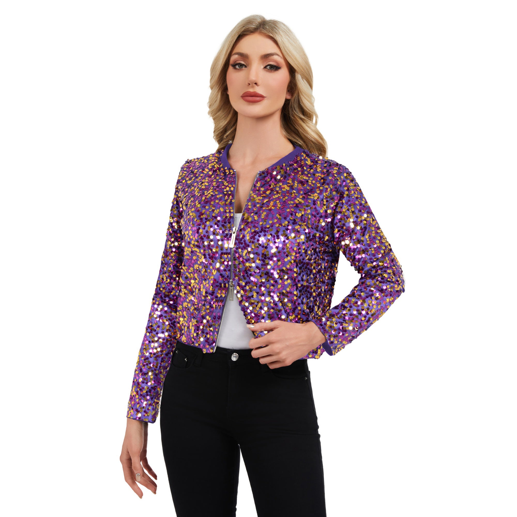Anna-Kaci Women's Sequin Bomber Jacket with Zipper Front and Ribbed Trim