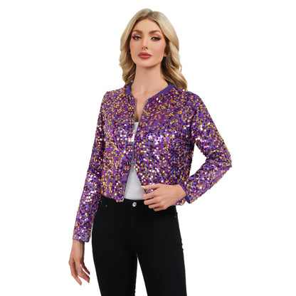 Anna-Kaci Women's Sequin Bomber Jacket with Zipper Front and Ribbed Trim