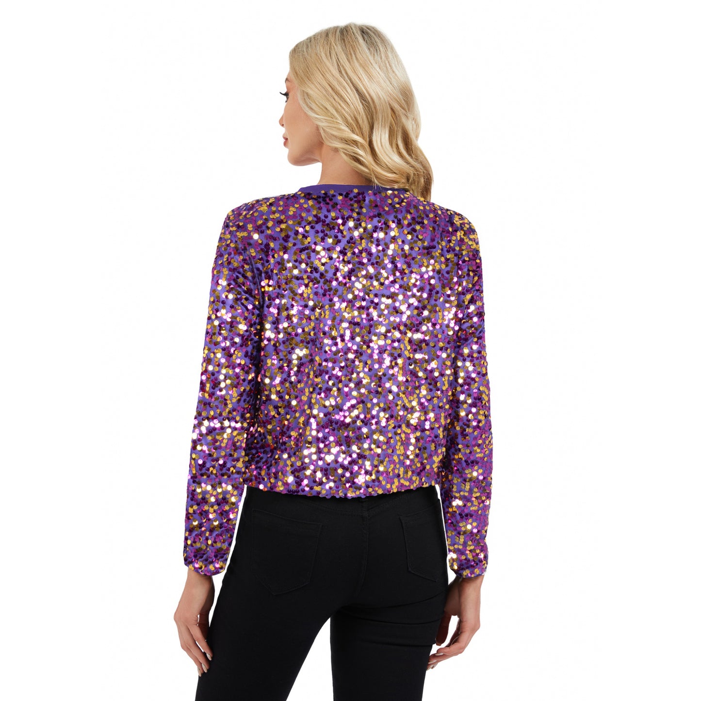 Anna-Kaci Women's Sequin Bomber Jacket with Zipper Front and Ribbed Trim