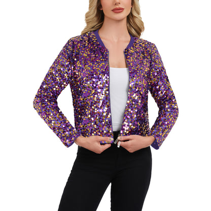 Anna-Kaci Women's Sequin Bomber Jacket with Zipper Front and Ribbed Trim
