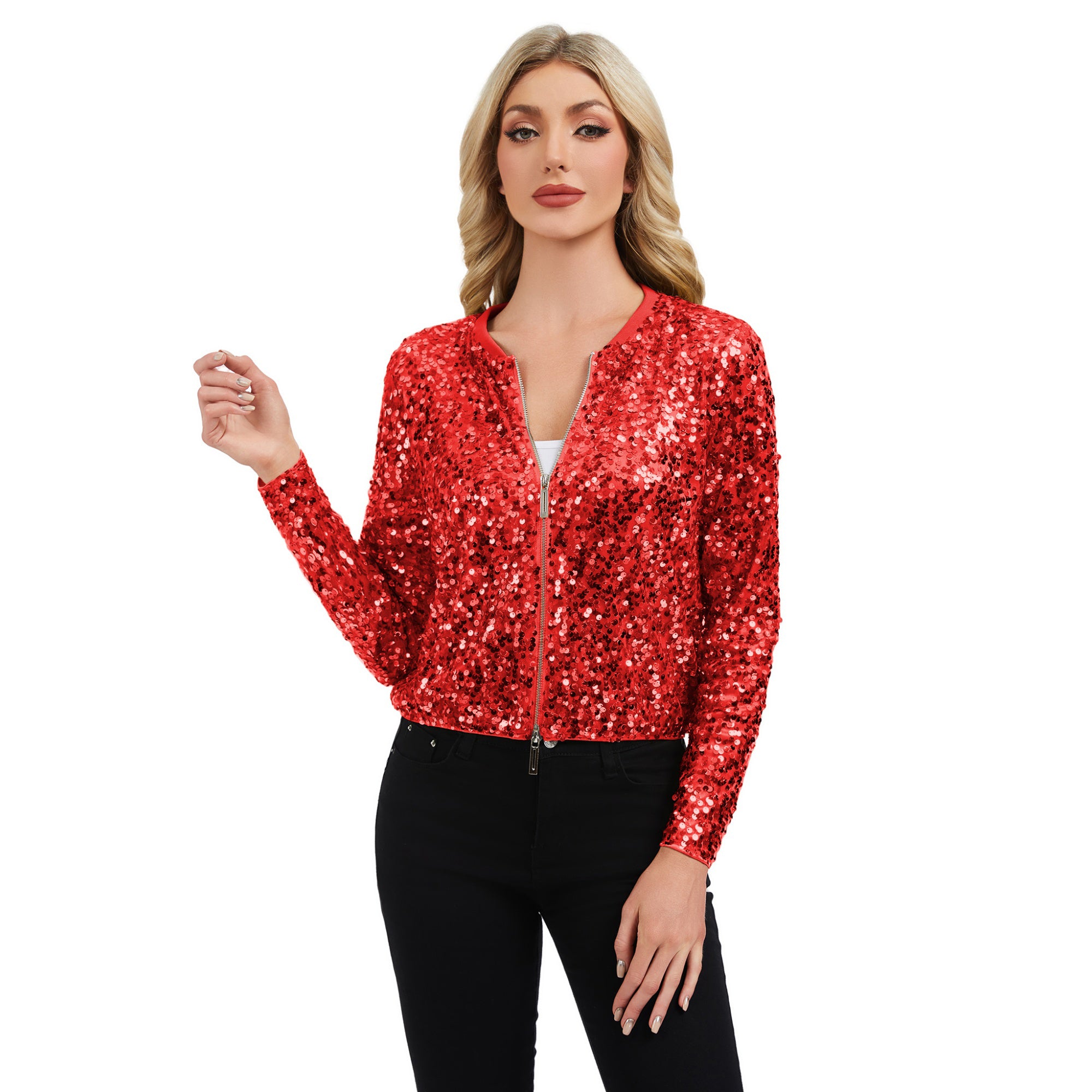Anna-Kaci Women's Sequin Bomber Jacket with Zipper Front and Ribbed Trim