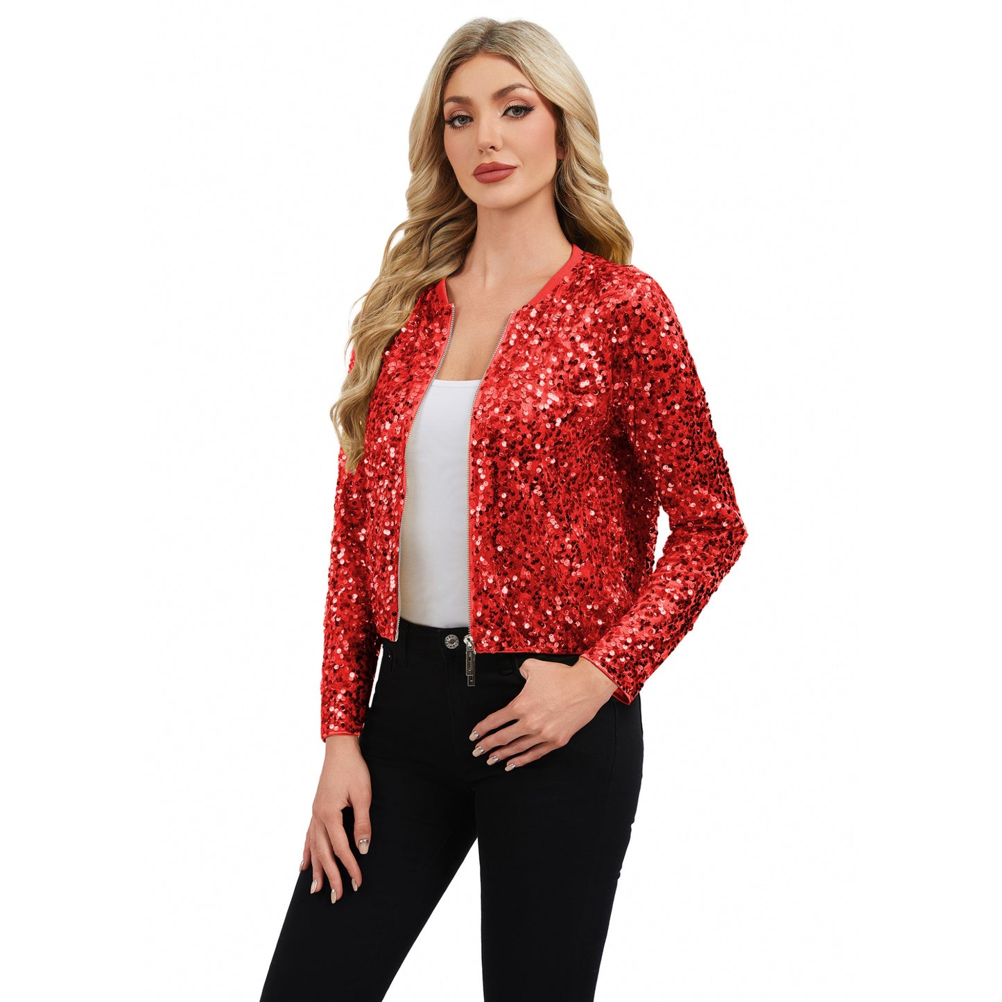 Anna-Kaci Women's Sequin Bomber Jacket with Zipper Front and Ribbed Trim