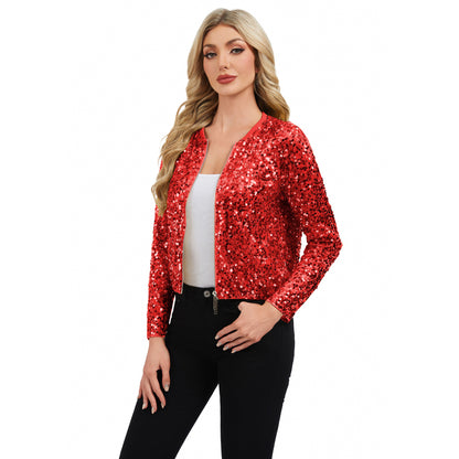 Anna-Kaci Women's Sequin Bomber Jacket with Zipper Front and Ribbed Trim