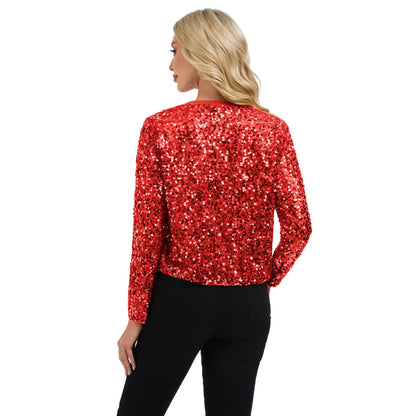 Anna-Kaci Women's Sequin Bomber Jacket with Zipper Front and Ribbed Trim