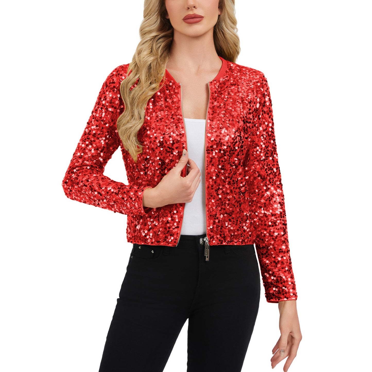 Anna-Kaci Women's Sequin Bomber Jacket with Zipper Front and Ribbed Trim