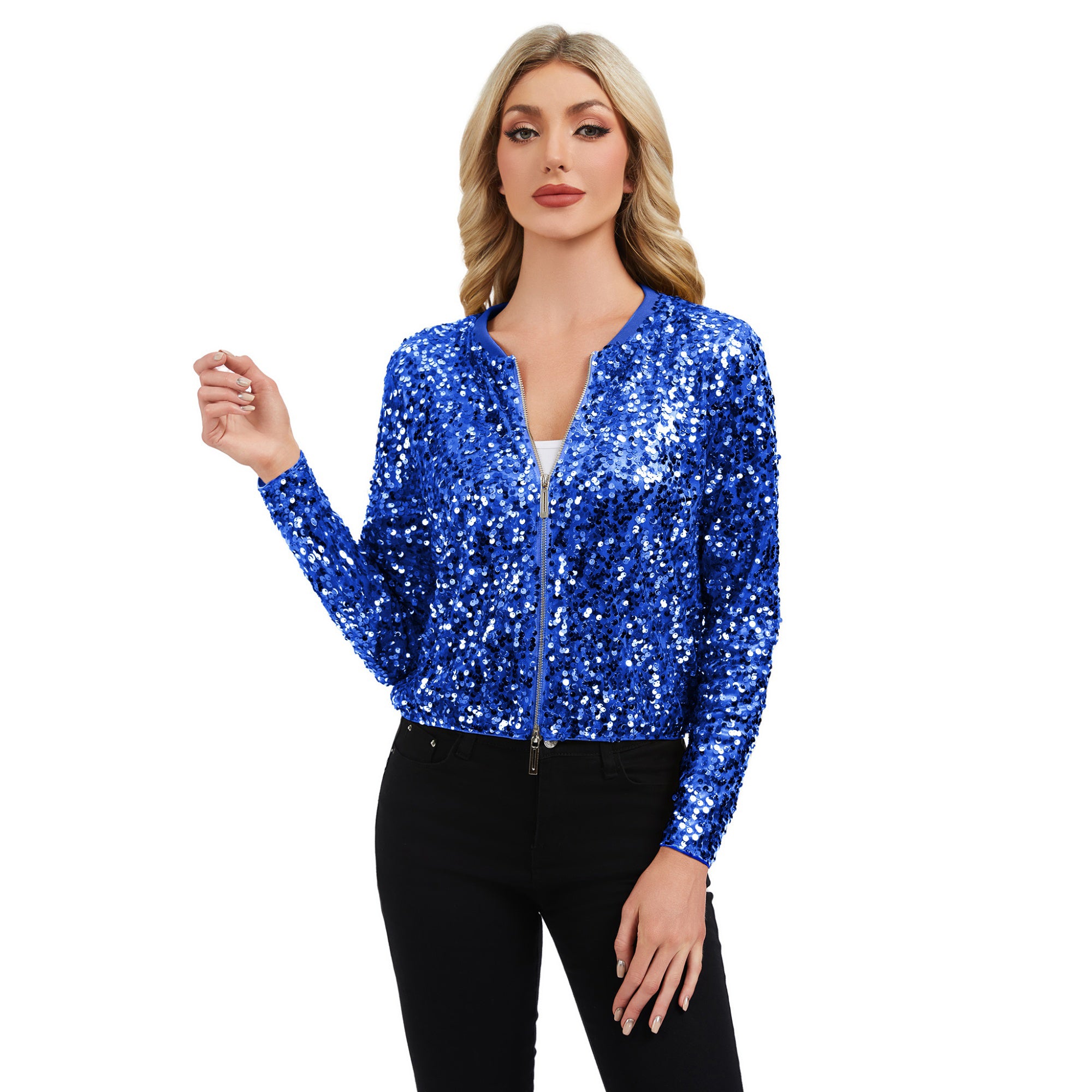 Anna-Kaci Women's Sequin Bomber Jacket with Zipper Front and Ribbed Trim