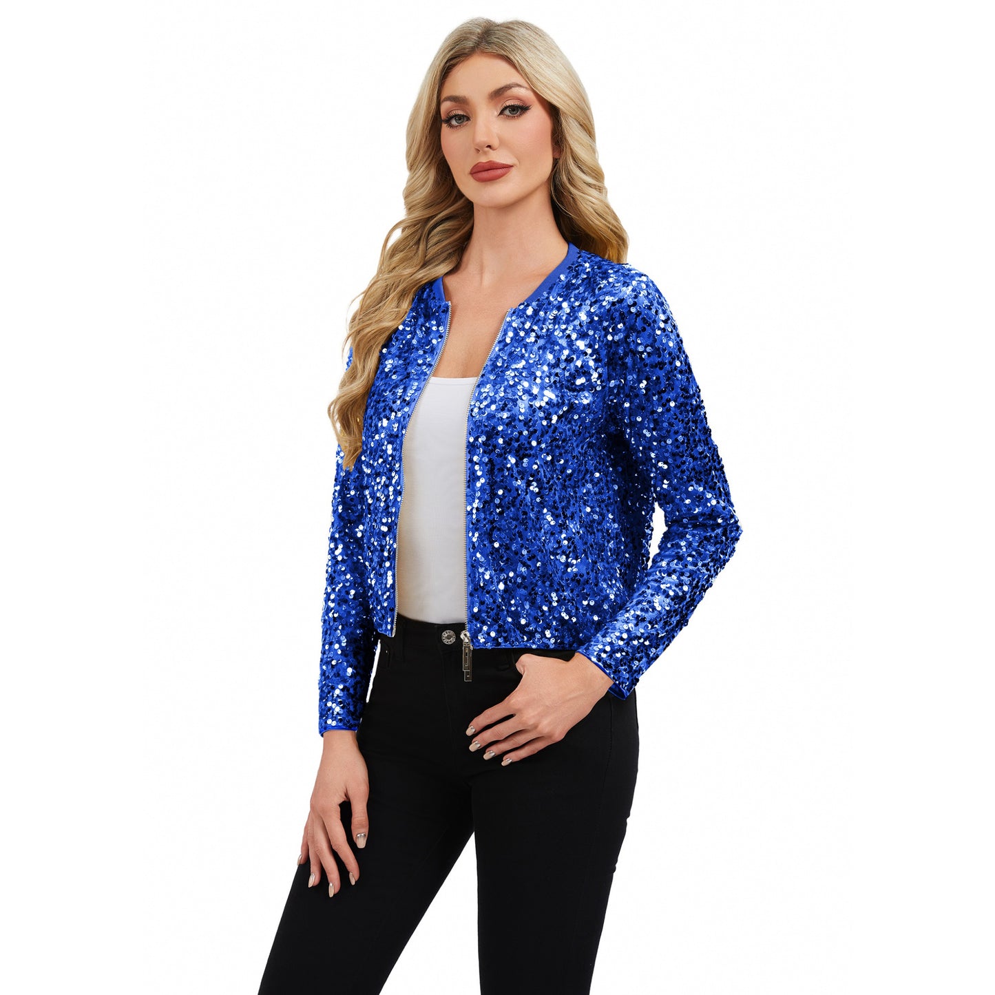 Anna-Kaci Women's Sequin Bomber Jacket with Zipper Front and Ribbed Trim