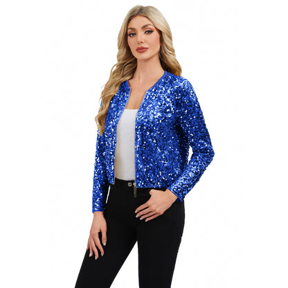 Anna-Kaci Women's Sequin Bomber Jacket with Zipper Front and Ribbed Trim