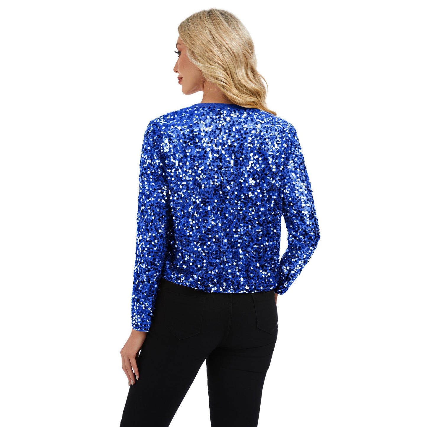 Anna-Kaci Women's Sequin Bomber Jacket with Zipper Front and Ribbed Trim