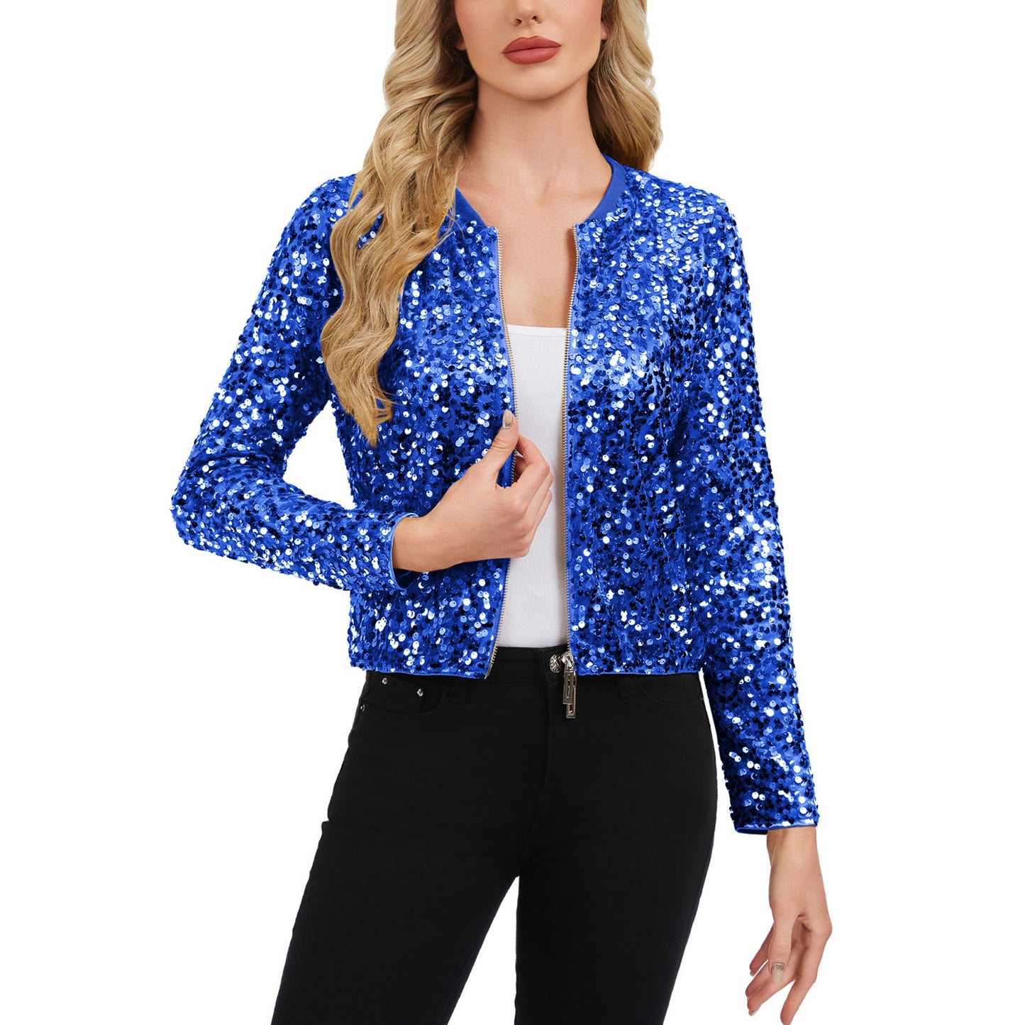 Anna-Kaci Women's Sequin Bomber Jacket with Zipper Front and Ribbed Trim