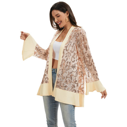 Anna-Kaci Women' s Sequin Mesh Cardigan with Sheer Embellished Sleeves and Flowing Open Front Design for Layering Style