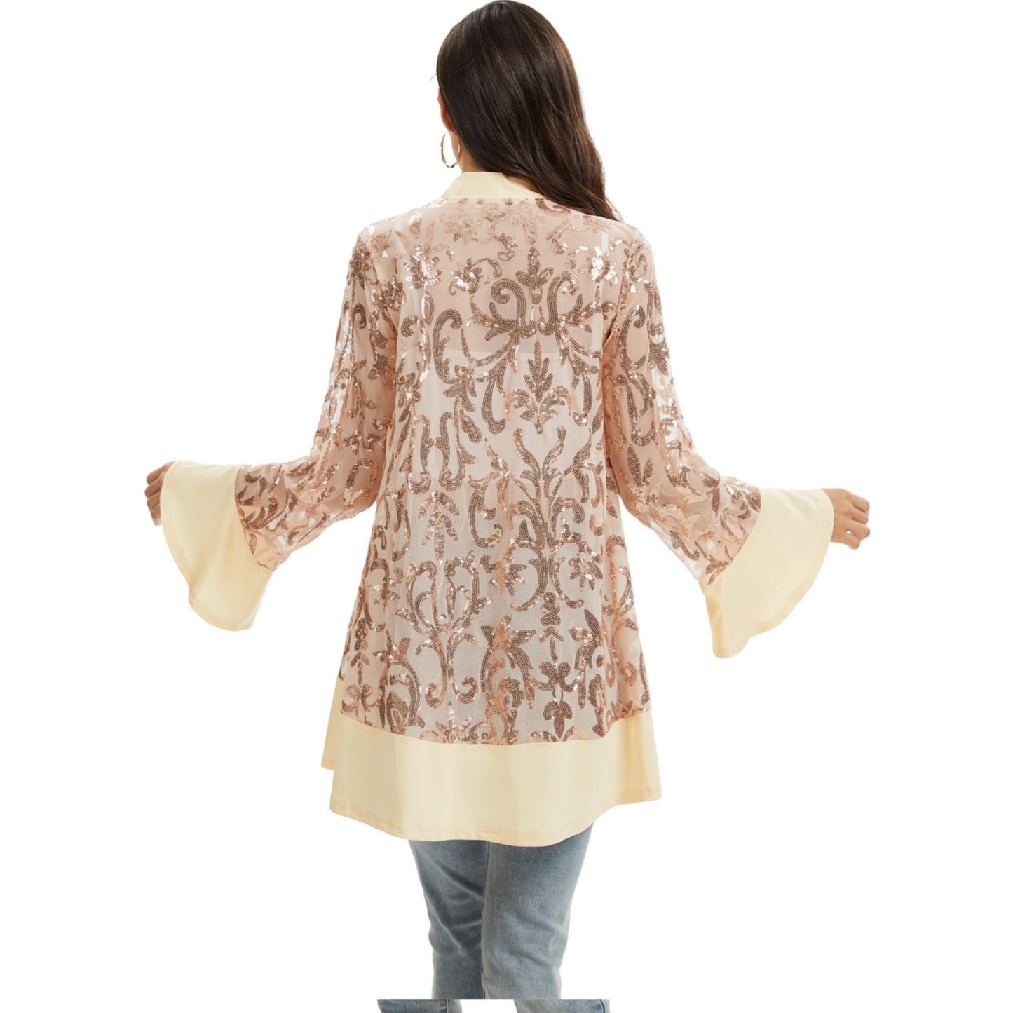 Anna-Kaci Women' s Sequin Mesh Cardigan with Sheer Embellished Sleeves and Flowing Open Front Design for Layering Style
