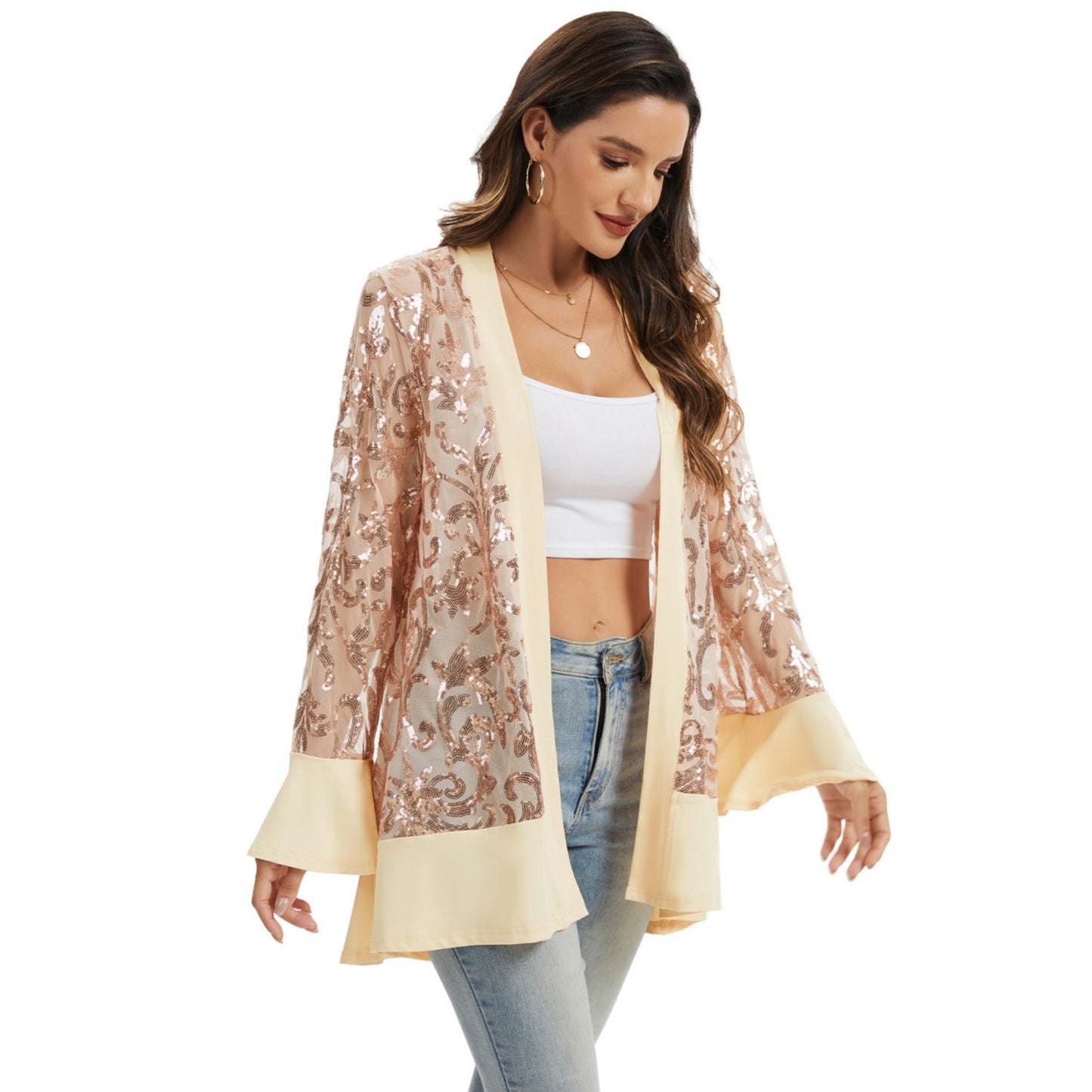 Anna-Kaci Women' s Sequin Mesh Cardigan with Sheer Embellished Sleeves and Flowing Open Front Design for Layering Style