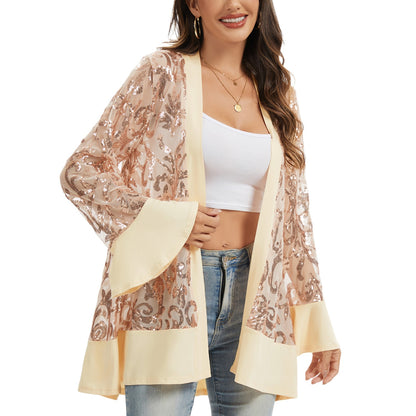 Anna-Kaci Women' s Sequin Mesh Cardigan with Sheer Embellished Sleeves and Flowing Open Front Design for Layering Style