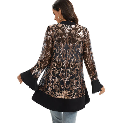 Anna-Kaci Women' s Sequin Mesh Cardigan with Sheer Embellished Sleeves and Flowing Open Front Design for Layering Style