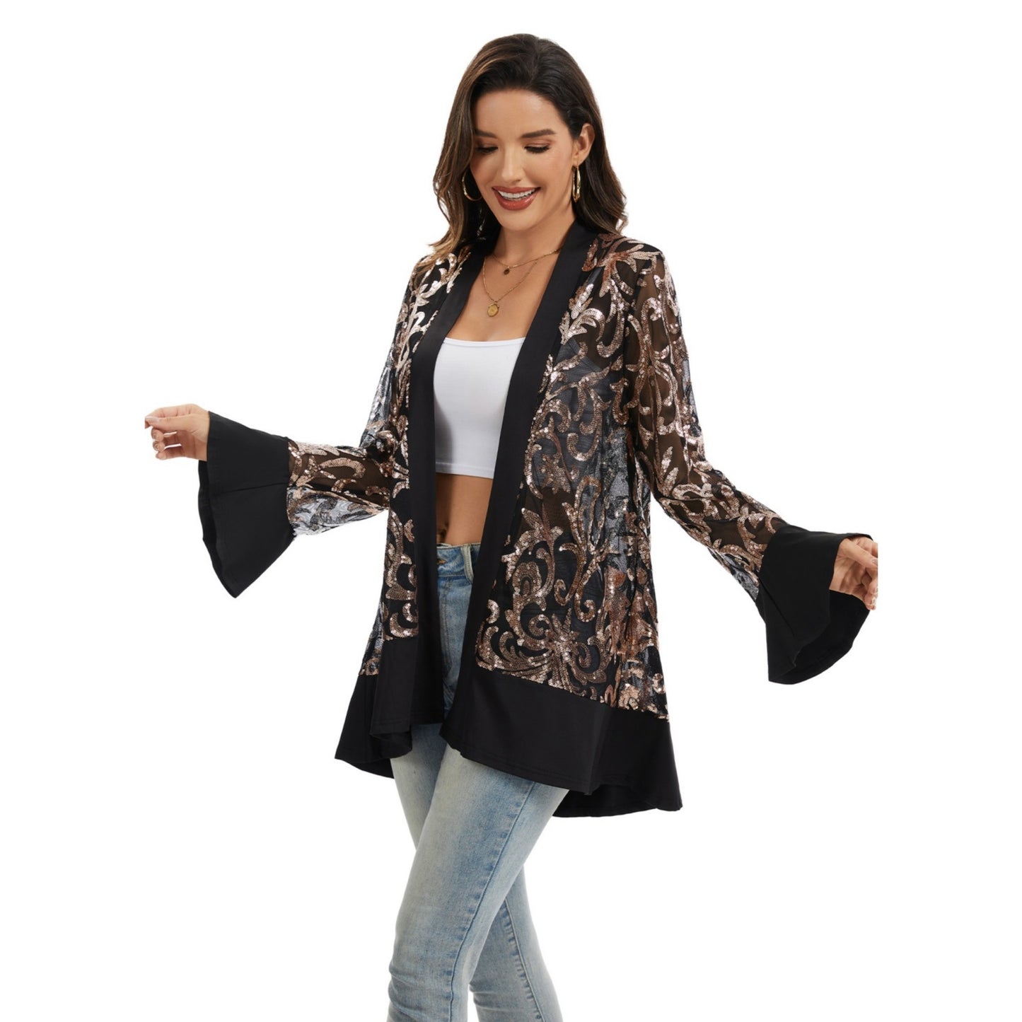 Anna-Kaci Women' s Sequin Mesh Cardigan with Sheer Embellished Sleeves and Flowing Open Front Design for Layering Style