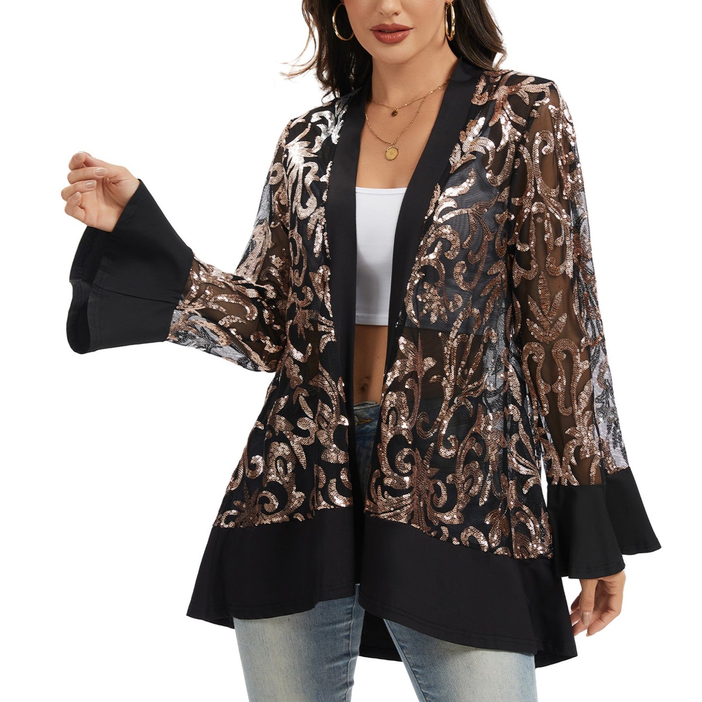 Anna-Kaci Women' s Sequin Mesh Cardigan with Sheer Embellished Sleeves and Flowing Open Front Design for Layering Style