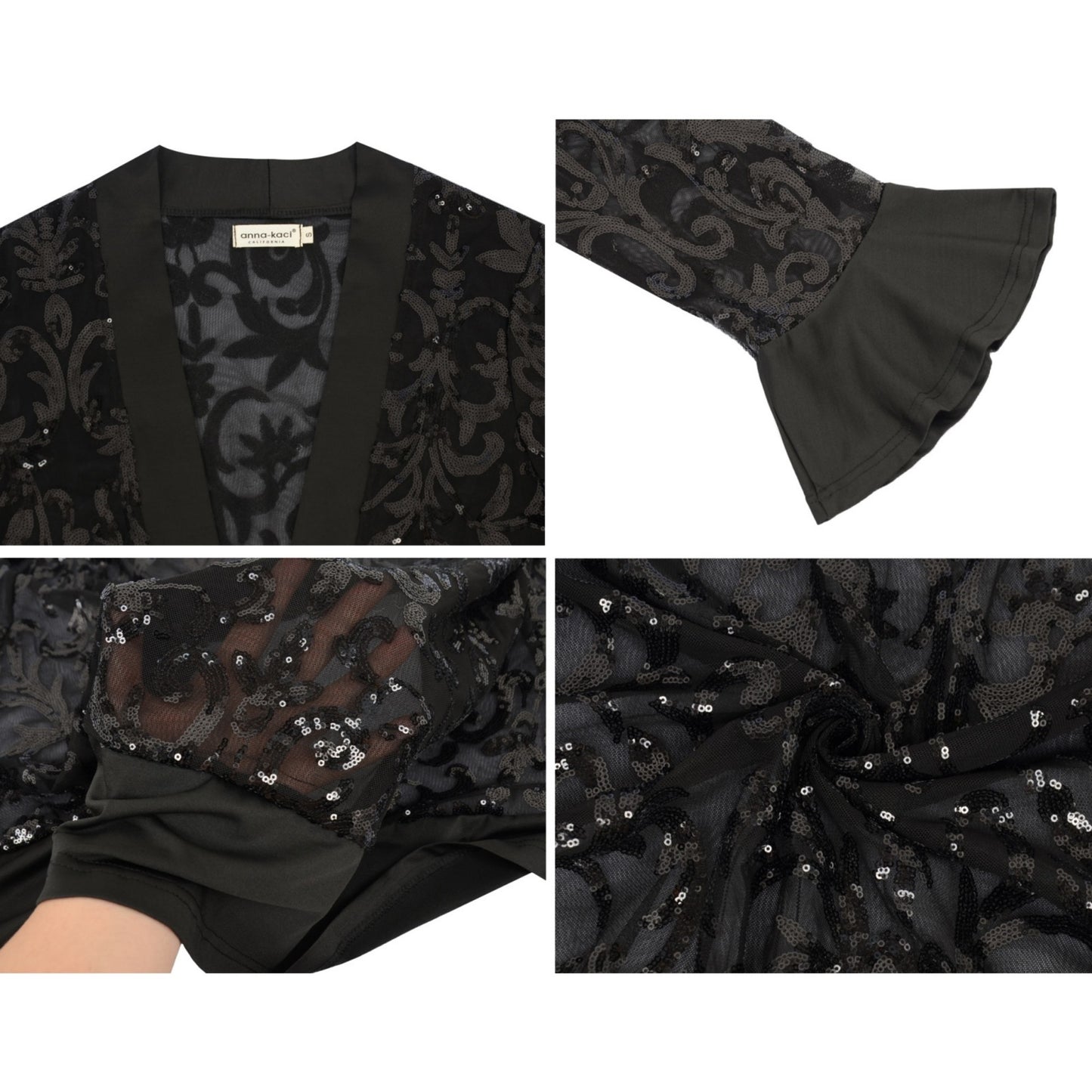 Anna-Kaci Women' s Sequin Mesh Cardigan with Sheer Embellished Sleeves and Flowing Open Front Design for Layering Style