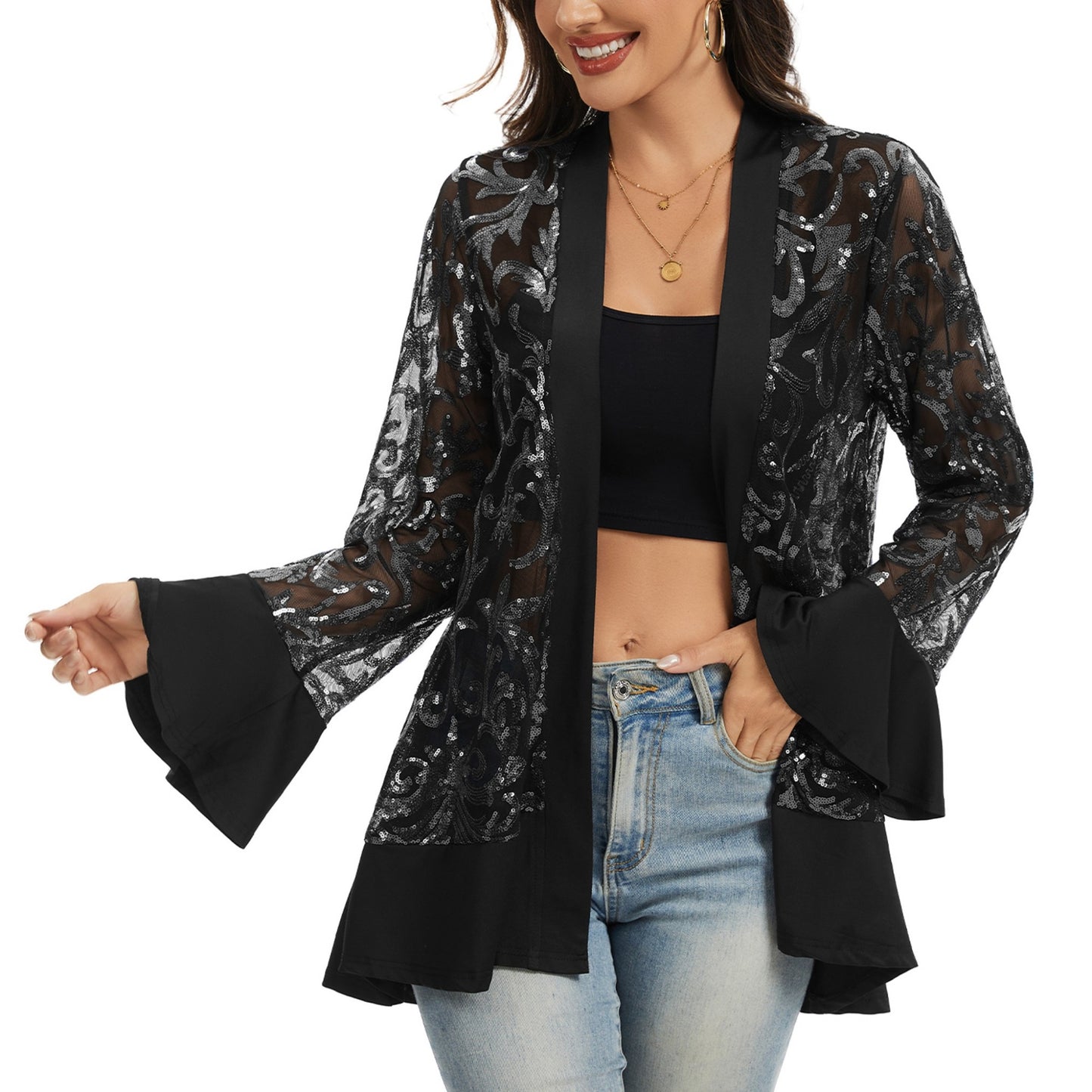 Anna-Kaci Women' s Sequin Mesh Cardigan with Sheer Embellished Sleeves and Flowing Open Front Design for Layering Style