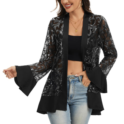 Anna-Kaci Women' s Sequin Mesh Cardigan with Sheer Embellished Sleeves and Flowing Open Front Design for Layering Style