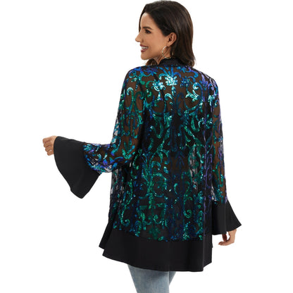 Anna-Kaci Women' s Sequin Mesh Cardigan with Sheer Embellished Sleeves and Flowing Open Front Design for Layering Style
