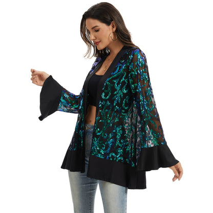 Anna-Kaci Women' s Sequin Mesh Cardigan with Sheer Embellished Sleeves and Flowing Open Front Design for Layering Style