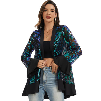 Anna-Kaci Women' s Sequin Mesh Cardigan with Sheer Embellished Sleeves and Flowing Open Front Design for Layering Style