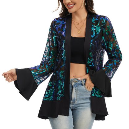 Anna-Kaci Women' s Sequin Mesh Cardigan with Sheer Embellished Sleeves and Flowing Open Front Design for Layering Style