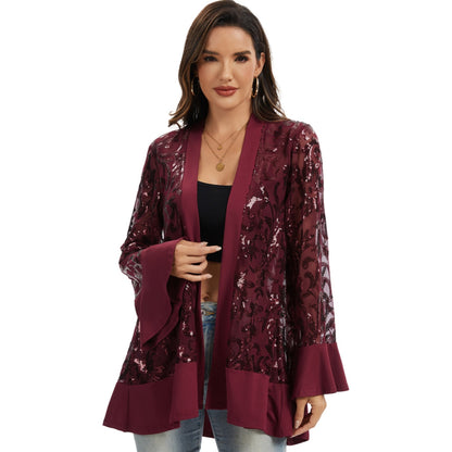 Anna-Kaci Women' s Sequin Mesh Cardigan with Sheer Embellished Sleeves and Flowing Open Front Design for Layering Style