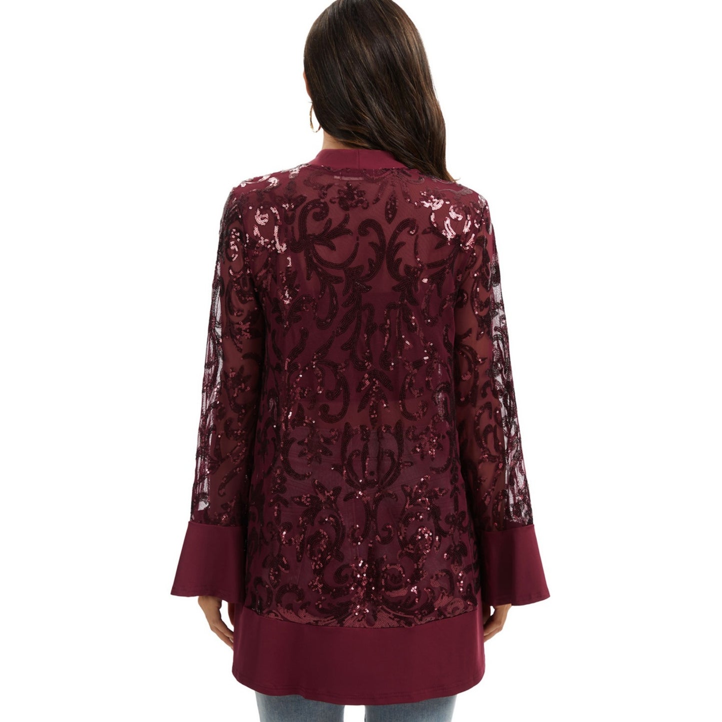 Anna-Kaci Women' s Sequin Mesh Cardigan with Sheer Embellished Sleeves and Flowing Open Front Design for Layering Style