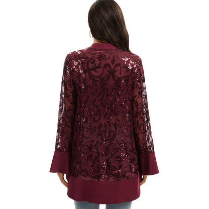 Anna-Kaci Women' s Sequin Mesh Cardigan with Sheer Embellished Sleeves and Flowing Open Front Design for Layering Style