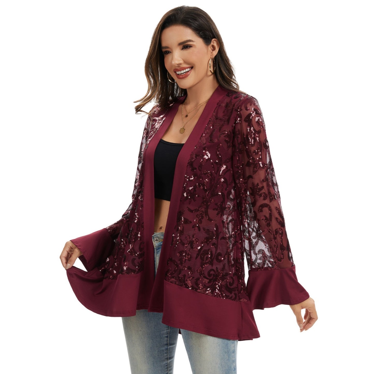 Anna-Kaci Women' s Sequin Mesh Cardigan with Sheer Embellished Sleeves and Flowing Open Front Design for Layering Style