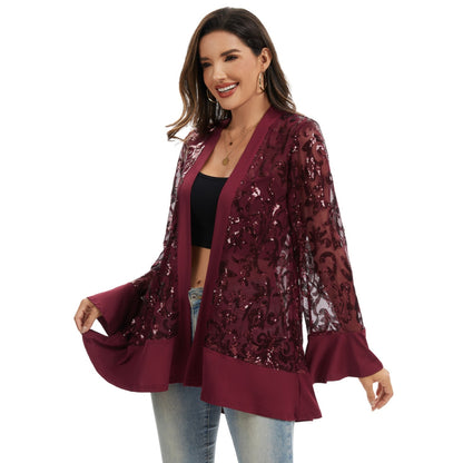 Anna-Kaci Women' s Sequin Mesh Cardigan with Sheer Embellished Sleeves and Flowing Open Front Design for Layering Style